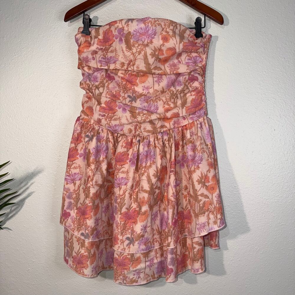 Cider Floral Strapless‎ Tiered Ruched Mini Dress